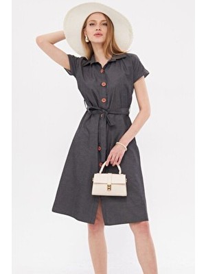 Kadın Antrasit Beli Kemerli Kısa Kol Gömlek Elbise ARM-19Y001068