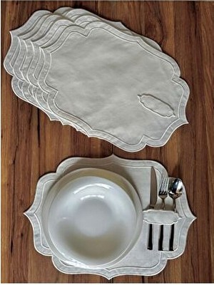 Nurhan Home Collection NURHANHOME Modern Tema Ekru Nakışlı 6 Parça Dikdörtgen Kaşıklıklı Amerikan Servis Supla