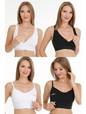 Parlingerie Emzirme Büstiyeri 4lü Set Siyah-Beyaz Yumuşak Dokulu Pamuklu Kumaş Düz Desenli Konforlu Tasarım