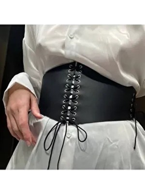 Elbise ve Üzeri Ipli Ayarlı Bağlamalı Şık Deri Kadın Bel Korse Kemer Siyah, Gotik Tarz, Metal Giyim
