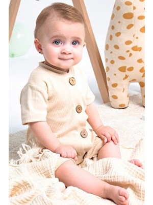 Kısa Kollu Tahta Düğmeli Organik Tulum Bebek Takım