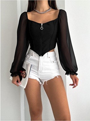 Qutta Kadın Crop Bluz Uzun Kol Siyah Kolu Şifonlu Kare Yaka Polyester Pamuk