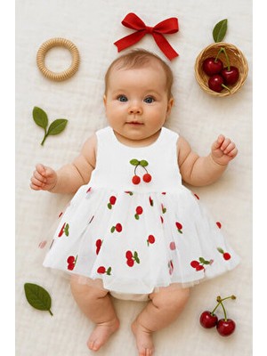 Beniizle Kiraz Detaylı Tüllü Çıtçıtlı Zıbın Elbise Slim Silüetli Özel Olay İçin Şık Tasarım