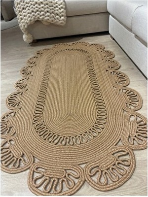 MaVaux Matrix Jüt Kilim Oval Haki Renkli Çift Taraflı Desenli Mutfak Halısı ve Paspas