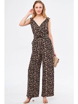 Kadın Açık Kahve Ikosienna Tulum Kruvaze Yaka Omuzu Lastik Detaylı Sırtı V Kuşaklı ARM-24Y001049