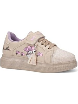 Günlük Kız Çocuk Bej Sneaker Püskül Detay Oval Simli Burun Lastik Bağcık Cırtlı Spor Ayakkabı 3740