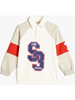 Polo Yaka Sweatshirt Kolej Temal Baskılı Uzun Kollu Şardonlu