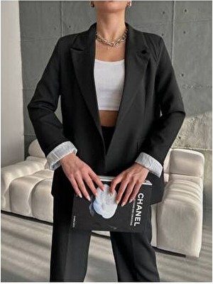 Moda İkra Kadın Siyah Astarlı Blazer Ceket Uzun Kol Dokuma Malzeme Özellikleriyle Şık ve Rahat