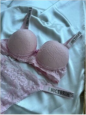 Modellife Dantelli Lastiği Taşlı Balenli Destekli Dolgulu Push Up Pudra Sütyen Ve String Iç Çamaşırı Takımı
