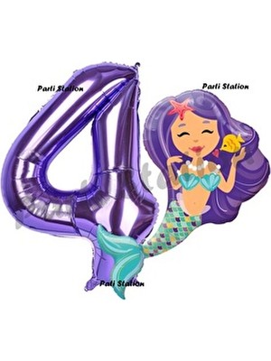 Parti Station Mermaid Deniz Kızı 4 Yaş Doğum Günü Parti Balon Seti Mor Rakam Balon ve Siyah Renkli 4 Adet