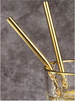 Nebil Home Gold 2’li Paslanmaz Çelik Pipet Seti 21 cm + 23 cm Temizleme Fırçası Şık Altın Renk