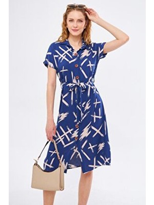 Kadın Lacivert Büyük Çiçekli Beli Kemerli Kısa Kol Gömlek Elbise ARM-22Y001007