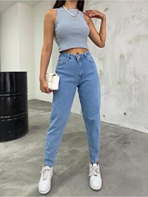 Bikelife Kadın Esnek Yüksek Bel Mom Jeans Denim Kumaşlı Rahat Kesim 42 Beden Mavi Renkli