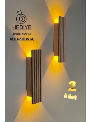 2 Adet Ahşap Pilli Dekoratif Duvar Aydınlatması Aplik Gece Lambası (Açık Meşe)