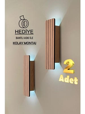 2 Adet Ahşap Pilli Dekoratif Duvar Aydınlatması Aplik Gece Lambası (Açık Meşe)