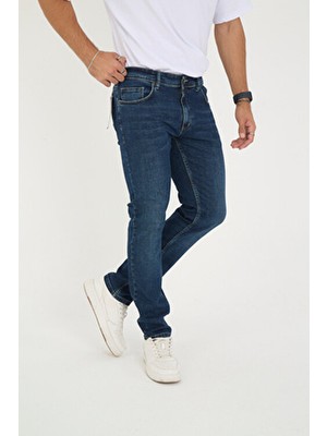 Enzim Jeans Erkekler İçin Düz Desenli Regular Fit Likralı Denim Pantolon Lacivert Renk Konforlu