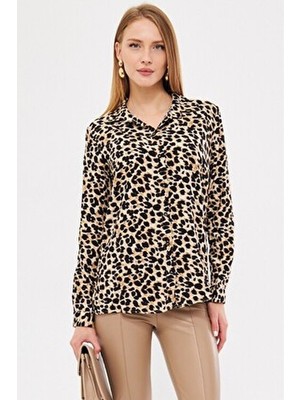 Kadın Bej Desenli Uzun Kol Gömlek ARM-25K001040