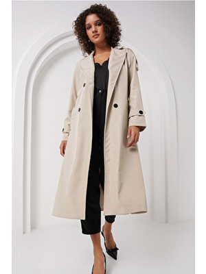 5941 Kruvaze Yaka Uzun Trençkot - Taş