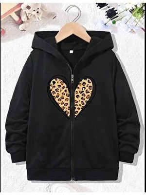 Leopar Kalp Pamuklu Çocuk Fermuarlı Hırka - Siyah  Baskılı Kız Erkek Çocuk Kışlık Kapüşonlu
