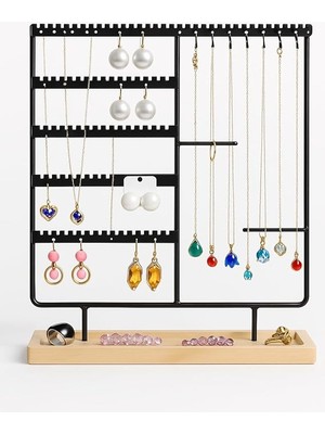 Takı Organizeri, Takı Standı Metal Stand ve Ahşap Taban, 35X30X9.5 Cm, Küpe Kolye Yüzük Düzenleyici, Siyah