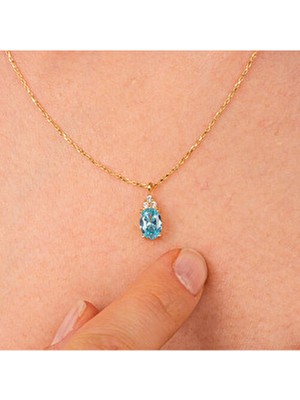 Kadınlar İçin 925 Ayar Gümüş Kolye - Blue Topaz Oval Taşlı Sarı Maden Tasarım