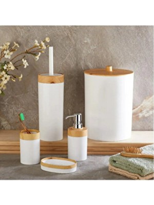 Limpia Bambu Desenli Krem Renk  5'li Banyo Seti Çöp Kovası, Sıvı Sabunluk, Diş Fırçalık
