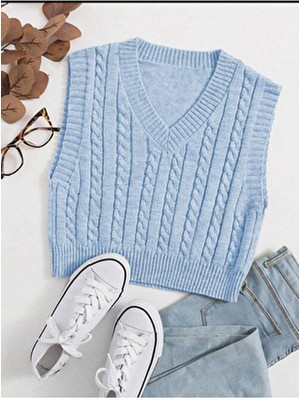 Yuga Knitting Kadın Saç Örgü Triko Crop Süveteri V Yaka Yaz Stili Mavi Renk