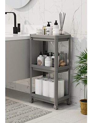 Omaş Çok Amaçlı 3 Katlı Tekerlekli Banyo Raf Ünitesi Düzenleyici Gri