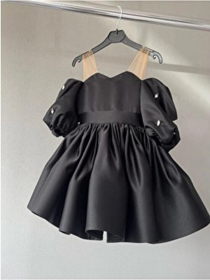 Özel Tasarım Siyah Tül Askılı Taş Detaylı Balon Kol Kız Çocuk Abiye Elbise