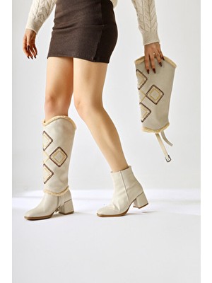 Hilka Ten Rengi, Bej Çıkarılabilir Konçlu Etnik Desenli Kadın Bot, Kadın Bootie-Kadın Çizme