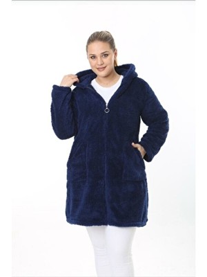 Kadın Büyük Beden Fermuarlı Kapüşonlu Peluş Polar Hırka