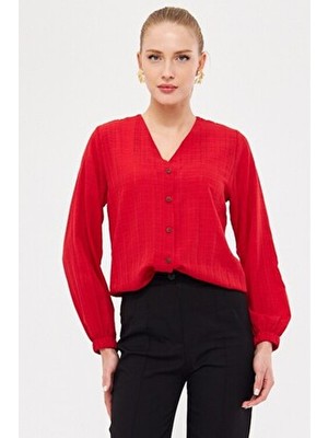 Kadın Kırmızı Kolu Lastikli Bürümcük Gömlek ARM-24K001002