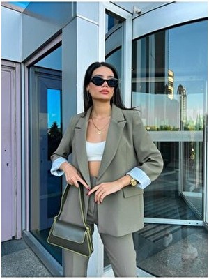 Kadın Perry Blazer Ceket Uzun Kol Haki Renkli Katlamalı Özellikli Dokuma Kumaş