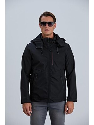 Erkek Siyah Mont Kapüşonlu Erkek Softshell Mont
