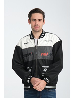 Chos7n Erkek Oversize Baskılı Motorcu Yarışçı Kolej Ceket Rüzgar Geçirmez Suni Deri