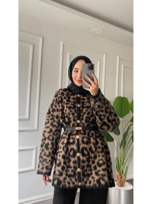 Niche Kadın Leopar Desenli Uzun Triko Hırka