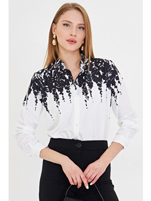 Kadın Siyah Hakim Yaka Polyviskon Saten Desenli Gömlek ARM-25Y001013