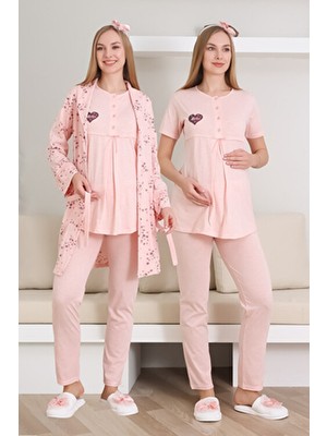 Hamile Pijama Takımı Melanj Kumaş Önü Düğmeli Nakışlı - Desenli Emzirme Için Uygun 3'lü