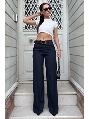 Madmext Lacivert Yüksek Bel Kumaş Pantolon Kadın MG2285 Dokuma Regular Fit Düz Desenli