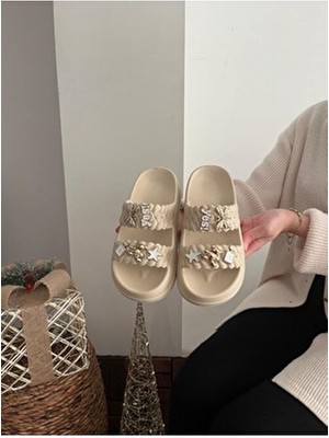 Taşlı Şık Tasarım Önü Açık Plaj Havuz Bahçe Deniz Yazlık Yumuşak Kalın Tabanlı Günlük Terlik