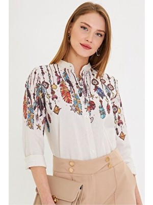 Armonika Kadın Krem Renkli Hakim Yaka Gömlek Uzun Kol Regular Kesim Günlük Stil