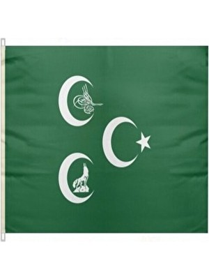 Yeşil Üç Hilal Osmanlı Tuğra Bayrağı 50X75 cm Yıkanabilir Tekstil Malzeme ile Üretilmiştir