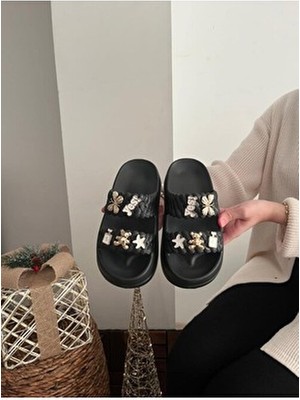 Taşlı Şık Tasarım Önü Açık Plaj Havuz Bahçe Deniz Yazlık Yumuşak Kalın Tabanlı Günlük Terlik