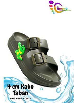 Amore Çift Toka Hafif Eva Yazlık Plaj Çocuk Terliği T Haki Su Geçirmez Konforlu Havuz Terliği