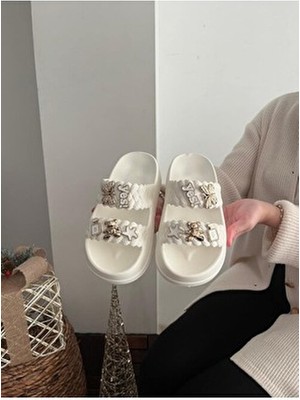 Taşlı Şık Tasarım Önü Açık Plaj Havuz Bahçe Deniz Yazlık Yumuşak Kalın Tabanlı Günlük Terlik