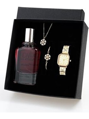 Duke Nickle Altın Kadın Altın Kare Kol Saati, Zirkon Taşlı Kolye-Bileklik ve Parfüm Lüks Hediye Seti