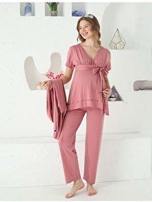 Hamile Uzun Kol Sabahlıklı Cep Detaylı Birleşik Kuşaklı 3'lü Gecelik Takım