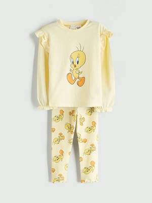 Lc Waikiki Yeni Sezon Bisiklet Yaka Tweety Baskılı Fırfırlı Kız Bebek Bluz ve Tayt 2'li