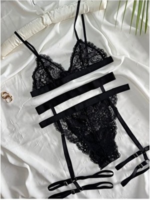 Rozenin Lingerie Siyah 3'lü Set Bant Detaylı Balensiz Sütyen Takımı Düz Desenli Kadın İç Giyim Konforlu Tasarım