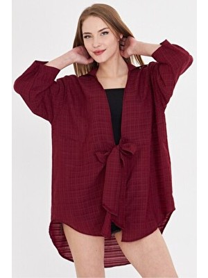 Kadın Bordo Kendinden Çizgili Önden Bağlamalı Kimono Gömlek ARM-24Y001101